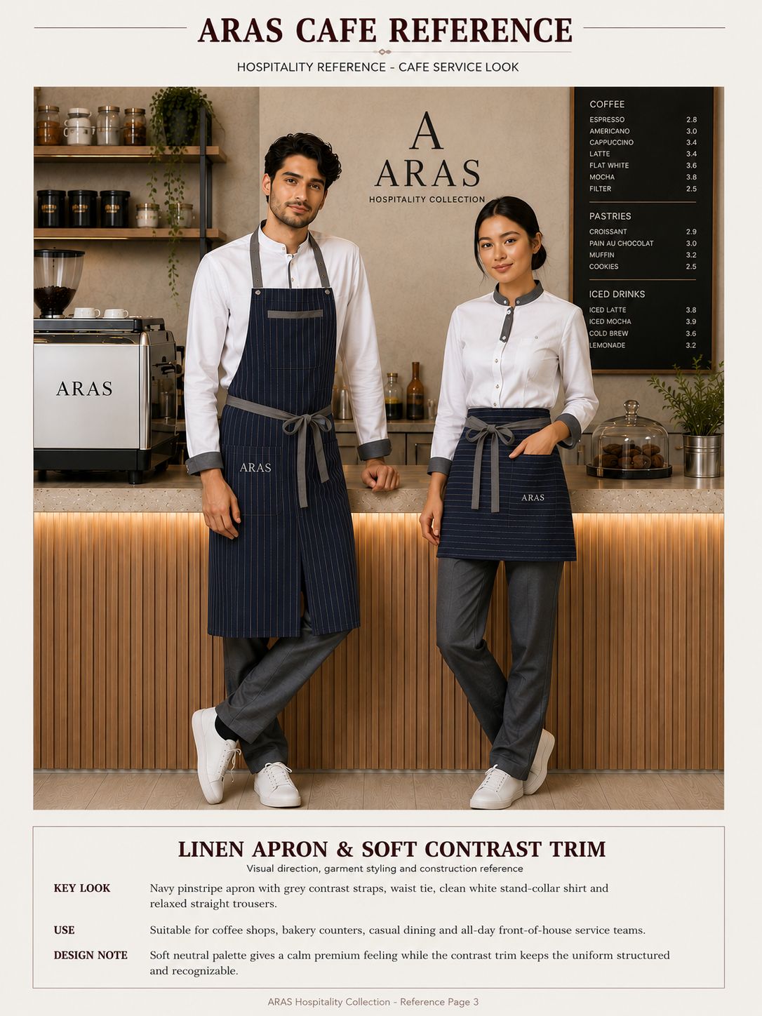 ARAS Café reference — linen apron and contrast trim