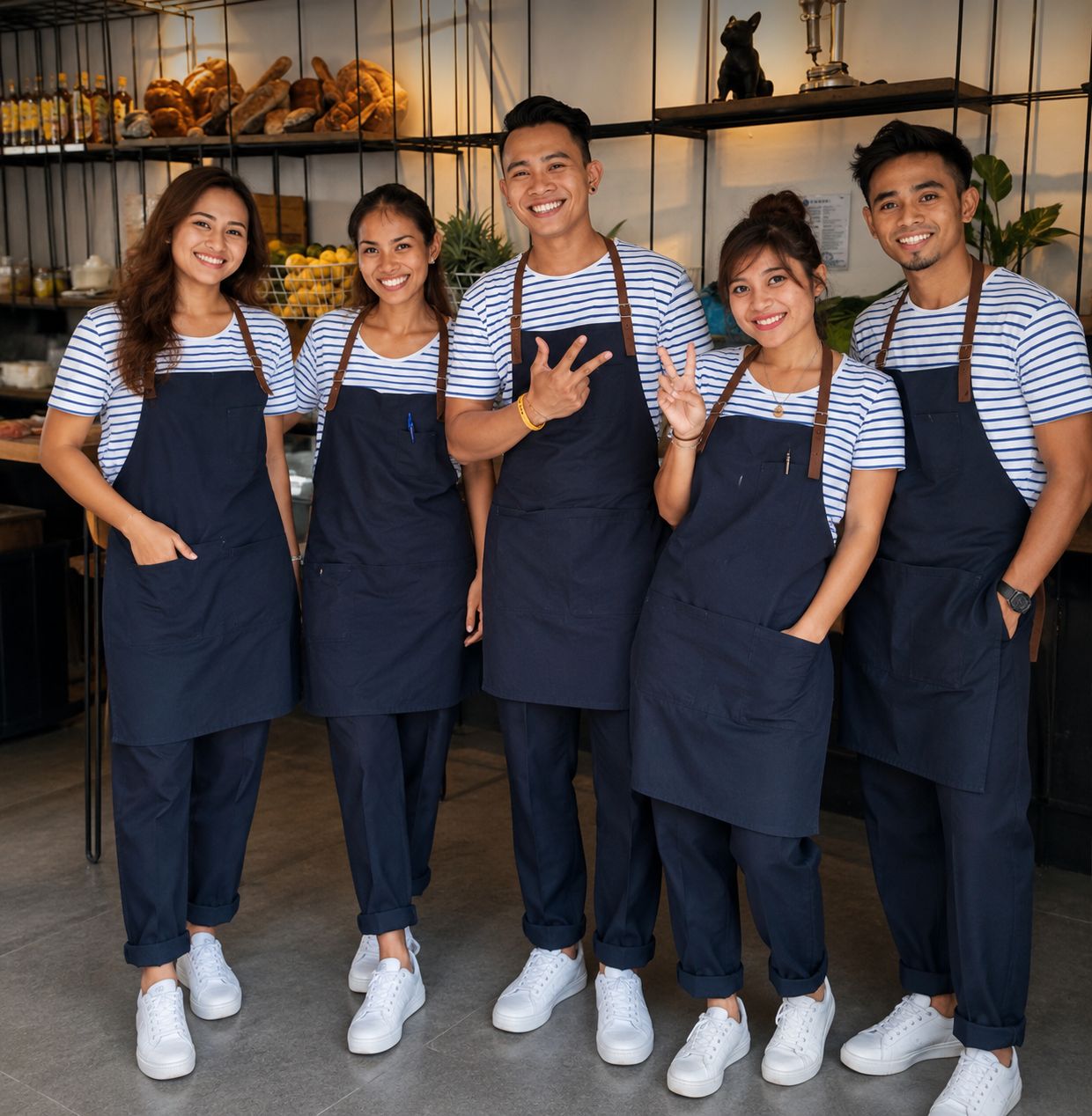 Tan leather chef apron — open kitchen service