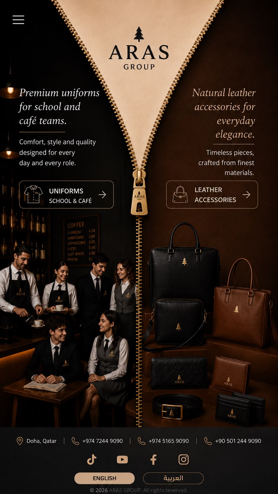 ARAS Group — Premium school and cafe uniforms, natural leather accessories.