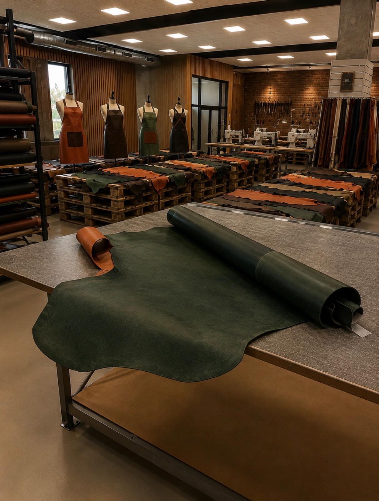 Inside the Aras atelier — leather rolls, aprons on forms, sewing tables