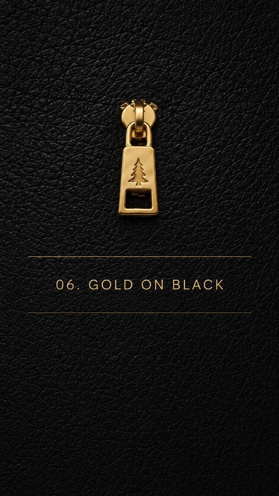 Gold zipper pull on black pebbled leather