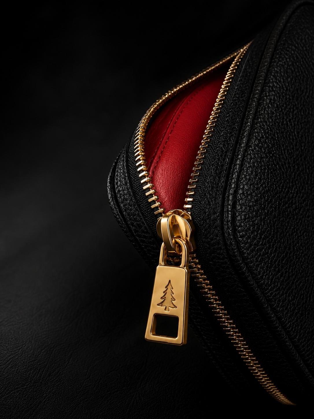 Gold zipper open on a black bag, revealing a signature red interior