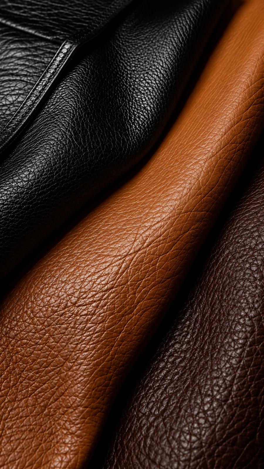 Full-grain leather swatches — black, cognac, dark brown