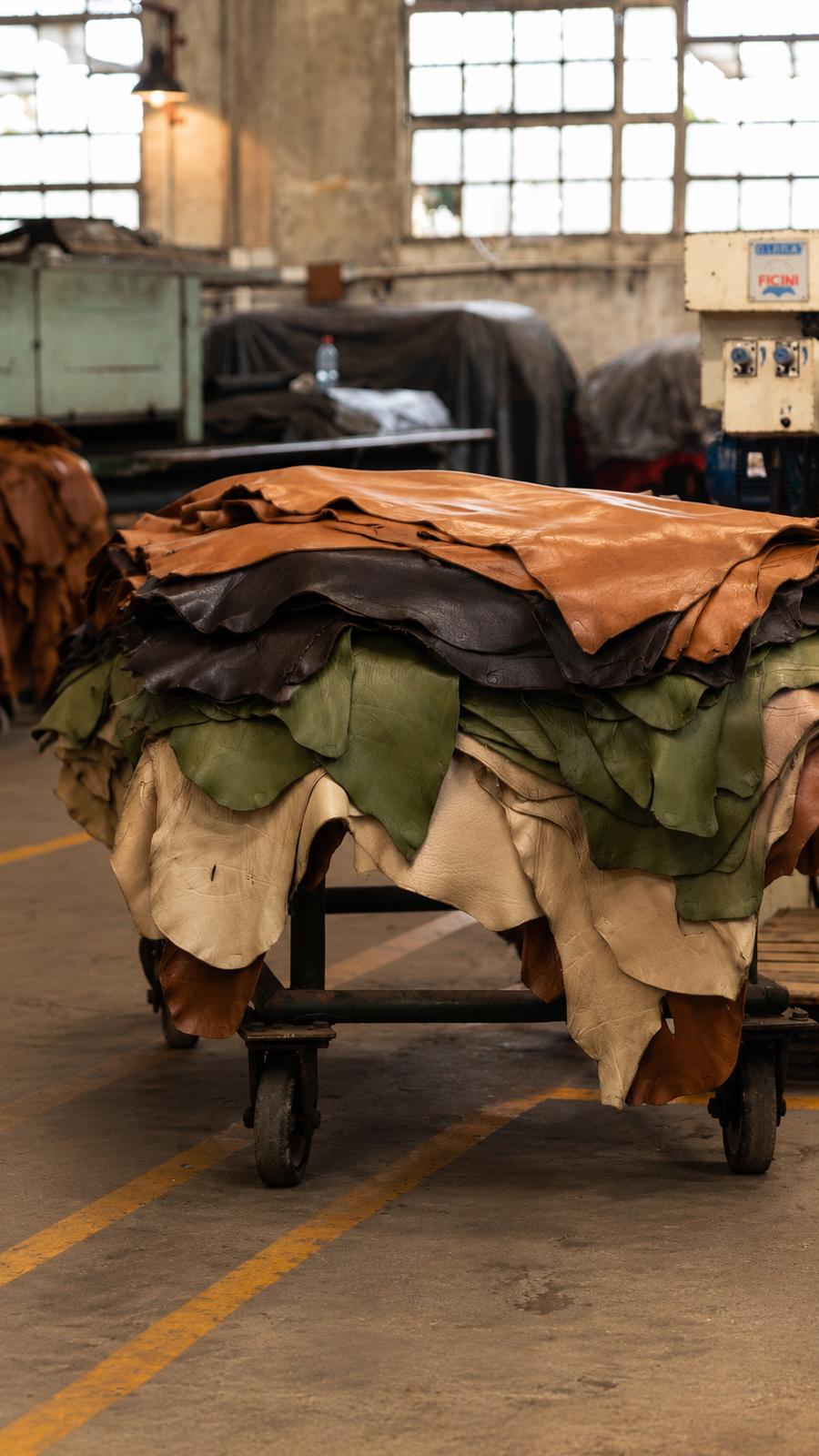 Stacks of vegetable-tanned hides at the tannery